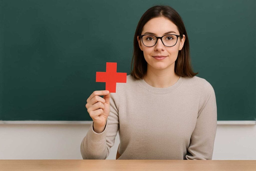 **Alt-Text:** Eine junge Frau mit schulterlangem braunen Haar und schwarzer Brille sitzt an einem Schultisch vor einer grünen Tafel mit der Aufschrift „Warum Erste Hilfe Kurs“. In der einen Hand hält sie ein rotes Erste-Hilfe-Kreuz, in der anderen ein Klemmbrett. Auf dem Tisch steht ein Glas mit Münzen, in dem ebenfalls ein rotes Kreuz steckt. Die Szene vermittelt die Bedeutung und Pflicht eines Erste-Hilfe-Kurses im Lehrerberuf.