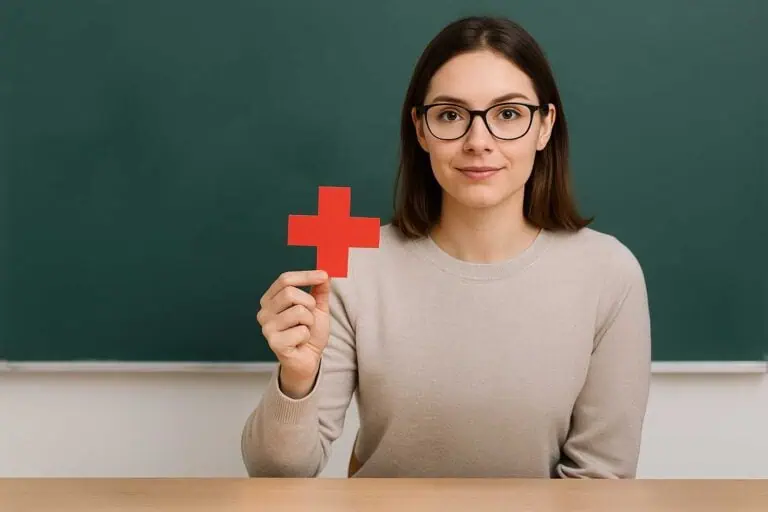 **Alt-Text:** Eine junge Frau mit schulterlangem braunen Haar und schwarzer Brille sitzt an einem Schultisch vor einer grünen Tafel mit der Aufschrift „Warum Erste Hilfe Kurs“. In der einen Hand hält sie ein rotes Erste-Hilfe-Kreuz, in der anderen ein Klemmbrett. Auf dem Tisch steht ein Glas mit Münzen, in dem ebenfalls ein rotes Kreuz steckt. Die Szene vermittelt die Bedeutung und Pflicht eines Erste-Hilfe-Kurses im Lehrerberuf.