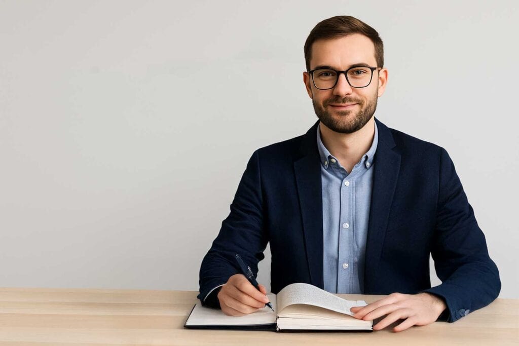 Ein junger Mann mit Brille und dunklem Bart sitzt an einem hellen Schreibtisch vor einem neutralen, hellgrauen Hintergrund. Er trägt ein dunkelblaues Sakko über einem hellblauen Hemd und lächelt freundlich in die Kamera. Vor ihm liegt ein geöffnetes Notizbuch, in das er mit einem Stift schreibt. Die Szene wirkt professionell und ruhig, passend zu einem Beratungsgespräch oder Büroalltag.