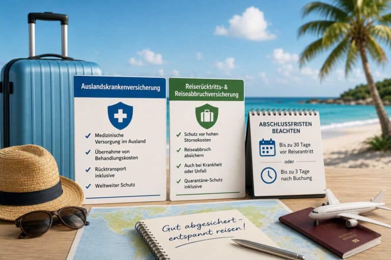 Überischtslisten mit Reiserücktritt und Auslandskrankenversicherung. Dahinter Urlaubs Utensilien und Tropen Strand.